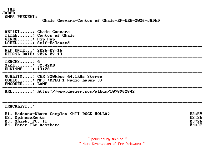NFO for the release Ghais_Guevara-Cantos_of_Ghais-EP-WEB-2026-JADED by JADED