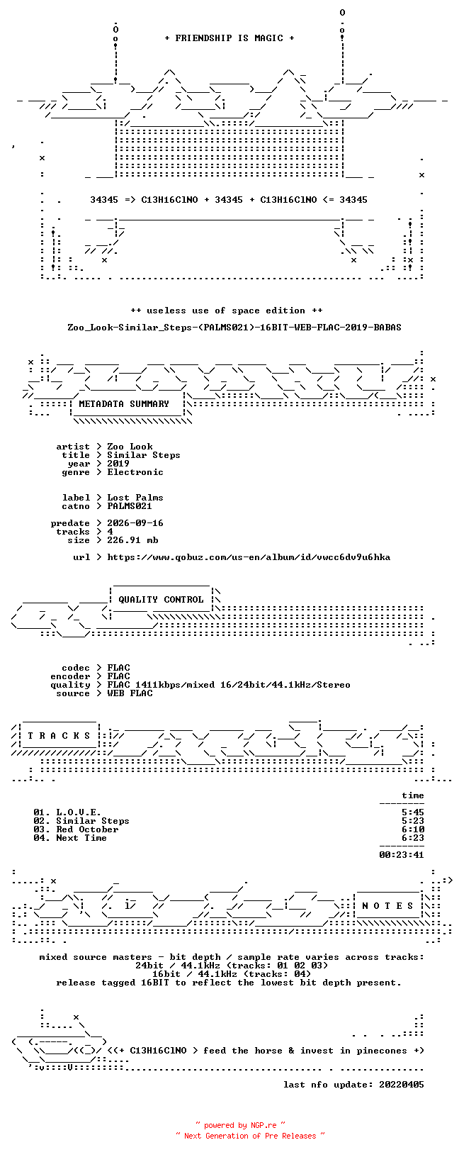 NFO for the release Zoo_Look-Similar_Steps-(PALMS021)-16BIT-WEB-FLAC-2019-BABAS by BABAS
