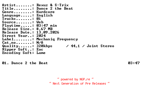 NFO for the release Rexuz_and_S-Trix-Dance_2_the_Beat-SINGLE-WEB-2024-XTC_iNT by XTC_iNT
