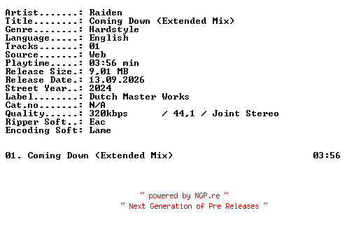 NFO for the release Raiden-Coming_Down_(Extended_Mix)-SINGLE-WEB-2024-XTC_iNT by XTC_iNT