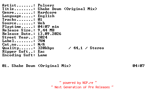 NFO for the release Pulserz-Shake_Down_(Original_Mix)-SINGLE-WEB-2024-XTC_iNT by XTC_iNT