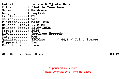 NFO for the release Potato_and_Sjieke_Bazen-Died_in_Your_Arms-SINGLE-WEB-2024-XTC_iNT by XTC_iNT