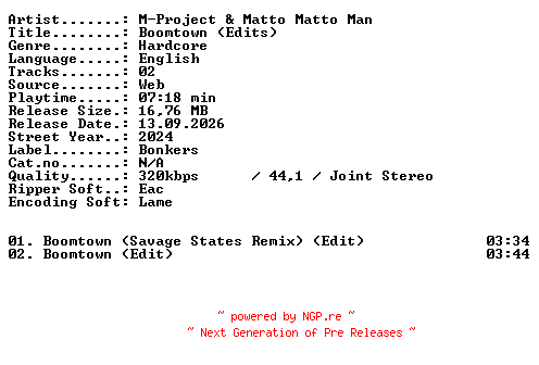 NFO for the release M-Project_and_Matto_Matto_Man-Boomtown_(Edits)-WEB-2024-XTC_iNT by XTC_iNT