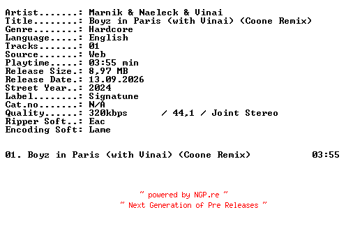 NFO for the release Marnik_and_Naeleck_and_Vinai-Boyz_in_Paris_(with_VINAI)_(Coone_Remix)-SINGLE-WEB-2024-XTC_iNT by XTC_iNT