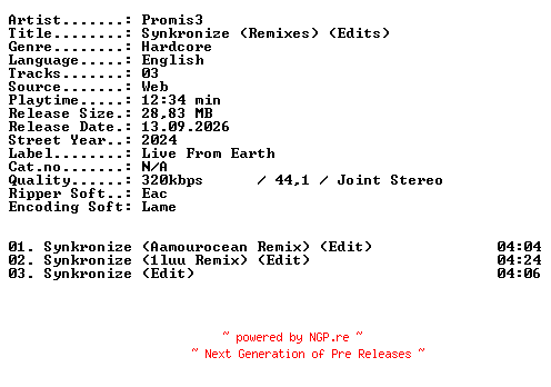NFO for the release Promis3-Synkronize_(Remixes)_(Edits)-WEB-2024-XTC_iNT by XTC_iNT