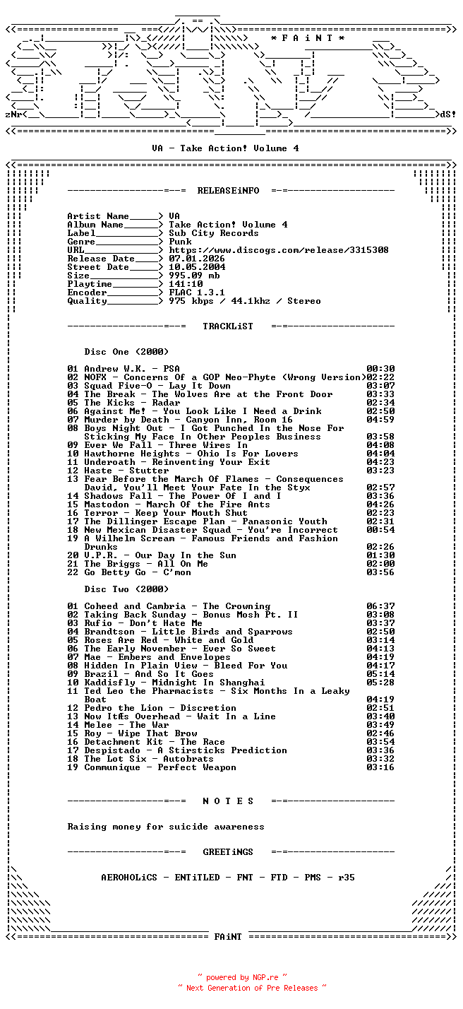 NFO for the release VA-Take_Action_Volume_4-2CD-FLAC-2004-FAiNT by FAiNT