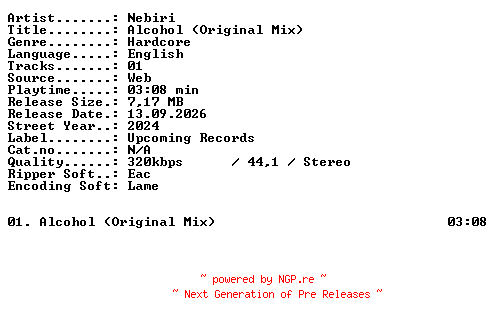 NFO for the release Nebiri-Alcohol_(Original_Mix)-SINGLE-WEB-2024-XTC_iNT by XTC_iNT
