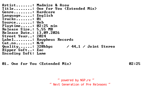 NFO for the release Madmize_and_Asow-One_for_You_(Extended_Mix)-SINGLE-WEB-2024-XTC_iNT by XTC_iNT