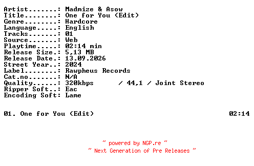 NFO for the release Madmize_and_Asow-One_for_You_(Edit)-SINGLE-WEB-2024-XTC_iNT by XTC_iNT