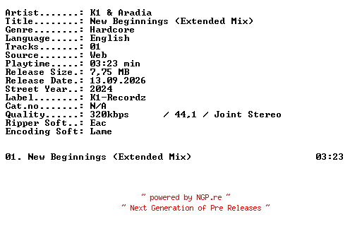 NFO for the release K1_and_Aradia-New_Beginnings_(Extended_Mix)-SINGLE-WEB-2024-XTC_iNT by XTC_iNT