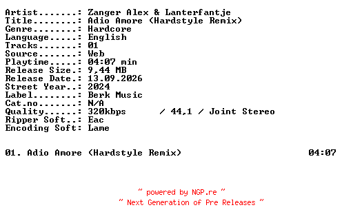 NFO for the release Zanger_Alex_and_Lanterfantje-Adio_Amore_(Hardstyle_Remix)-SINGLE-WEB-2024-XTC_iNT by XTC_iNT
