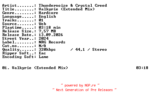 NFO for the release Thundernoize_and_Crystal_Creed-Valkyrie_(Extended_Mix)-SINGLE-WEB-2024-XTC_iNT by XTC_iNT