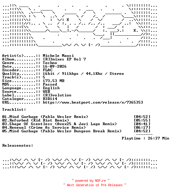 NFO for the release Michele_Mausi-R3mixes_EP_Vol_7-R3D114-16BIT-WEB-FLAC-2026-WAVED by WAVED