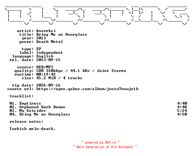 NFO for the release Anoreksi-Bring_Me_an_Hourglass-EP-WEB-2013-BLEEDiNG by BLEEDiNG