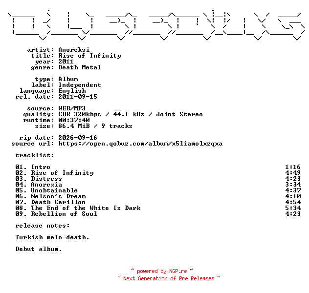 NFO for the release Anoreksi-Rise_of_Infinity-WEB-2011-BLEEDiNG by BLEEDiNG