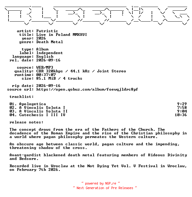 NFO for the release Patristic-Live_in_Poland_MMXXVI-WEB-2026-BLEEDiNG by BLEEDiNG