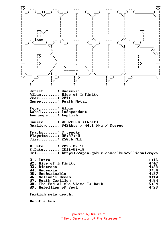 NFO for the release Anoreksi-Rise_of_Infinity-16BIT-WEB-FLAC-2011-MOONBLOOD by MOONBLOOD