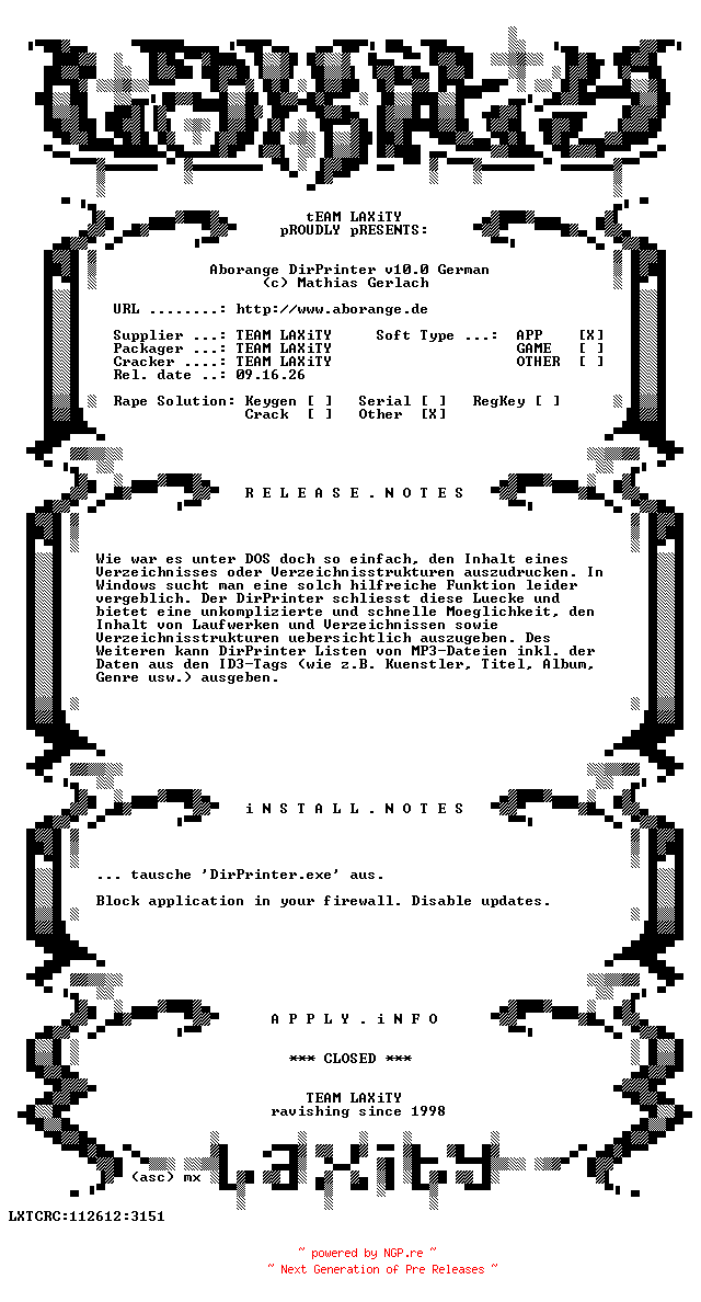 NFO for the release Aborange.DirPrinter.v10.0.German-LAXiTY by LAXiTY