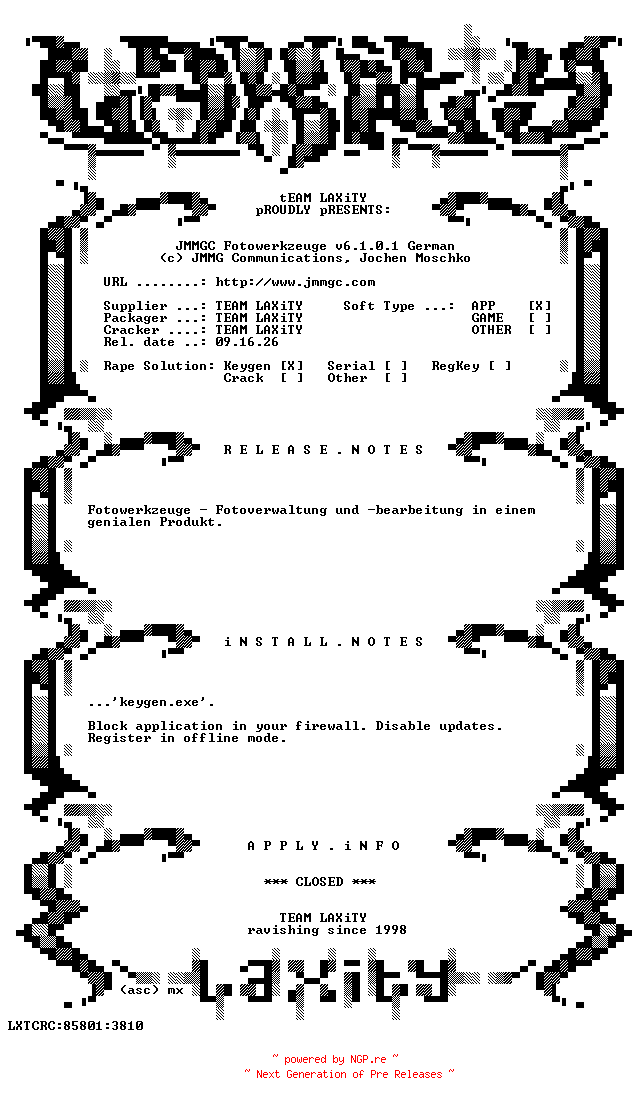 NFO for the release JMMGC.Fotowerkzeuge.v6.1.0.1.German.incl.Keygen-LAXiTY by LAXiTY