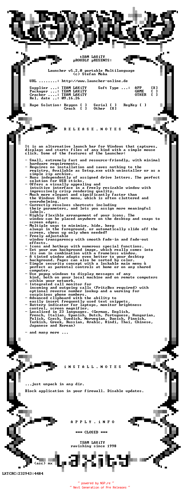 NFO for the release Launcher.v5.2.0.portable.Multilanguage-LAXiTY by LAXiTY