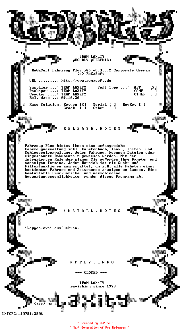 NFO for the release RoGaSoft.Fahrzeug.Plus.x86.v6.3.5.2.Corporate.German.incl.Keygen-LAXiTY by LAXiTY