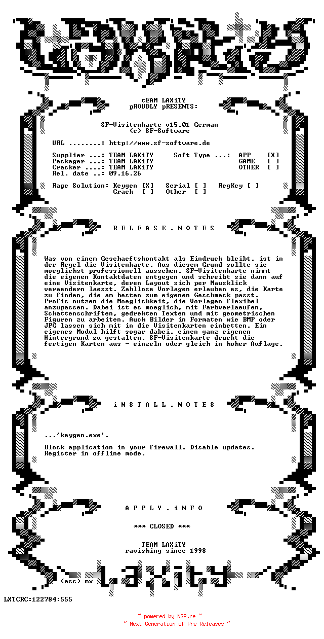 NFO for the release SF-Visitenkarte.v15.01.German.Keygen.only-LAXiTY by LAXiTY