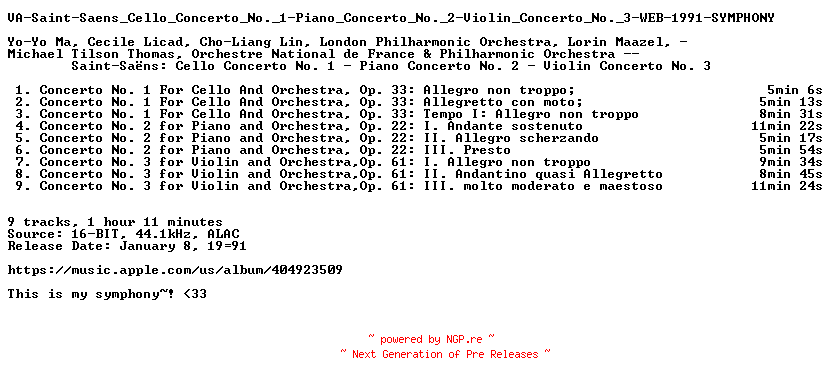 NFO for the release VA-Saint-Saens_Cello_Concerto_No._1-Piano_Concerto_No._2-Violin_Concerto_No._3-WEB-1991-SYMPHONY by SYMPHONY