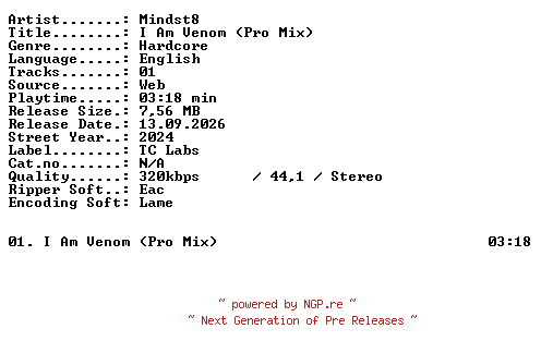 NFO for the release Mindst8-I_Am_Venom_(Pro_Mix)-SINGLE-WEB-2024-XTC_iNT by XTC_iNT