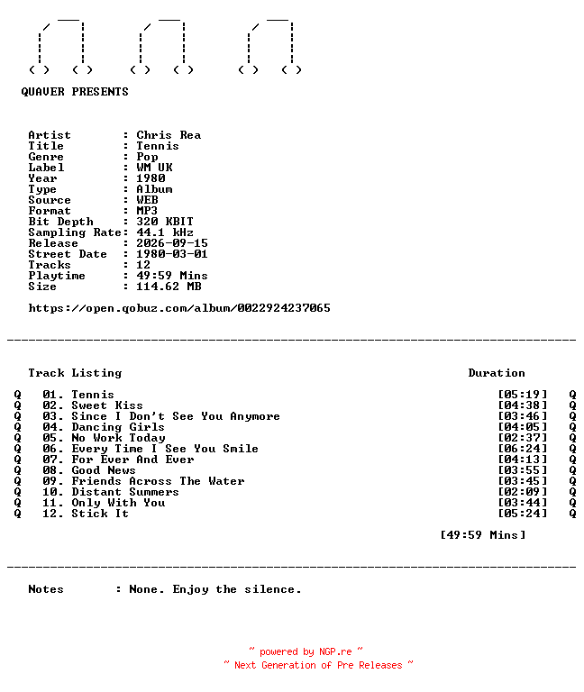 NFO for the release Chris_Rea-Tennis-WEB-1980-QUAVER_iNT by QUAVER_iNT