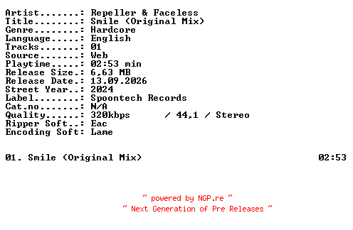 NFO for the release Repeller_and_Faceless-Smile_(Original_Mix)-SINGLE-WEB-2024-XTC_iNT by XTC_iNT