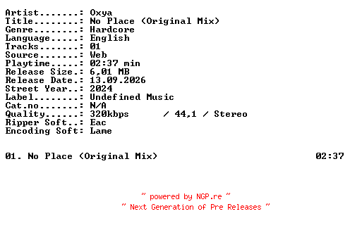 NFO for the release Oxya-No_Place_(Original_Mix)-SINGLE-WEB-2024-XTC_iNT by XTC_iNT