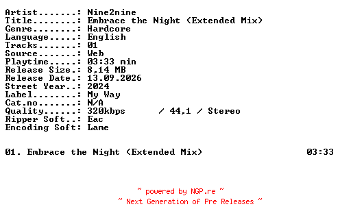 NFO for the release NINE2NINE-Embrace_the_Night_(Extended_Mix)-SINGLE-WEB-2024-XTC_iNT by XTC_iNT