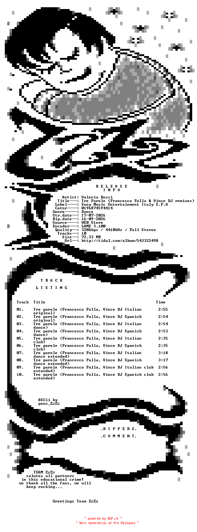 NFO for the release Valeria_Rossi_-_Tre_Parole_(Francesco_Palla_and_Vince_DJ_Remixes)-(0196874594414)-WEB-IT-2026-ZzZz by ZzZz