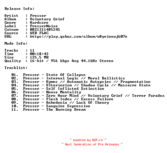 NFO for the release Presser-Voluntary_Grief-16BIT-44KHZ-WEB-FLAC-2026-CBR by CBR