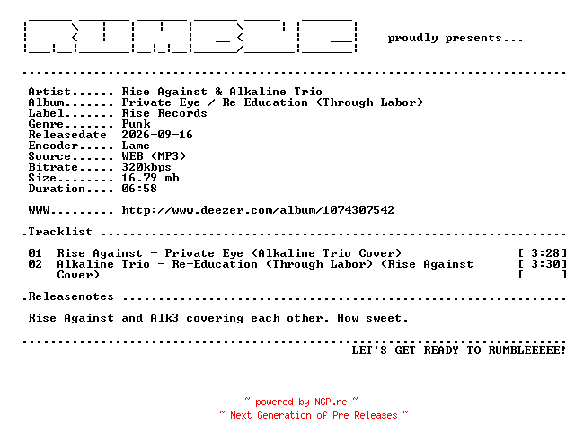 NFO for the release Rise_Against_and_Alkaline_Trio-Private_Eye__Re-Education_(Through_Labor)-EP-(WEB)-2026-RUMBLE by RUMBLE