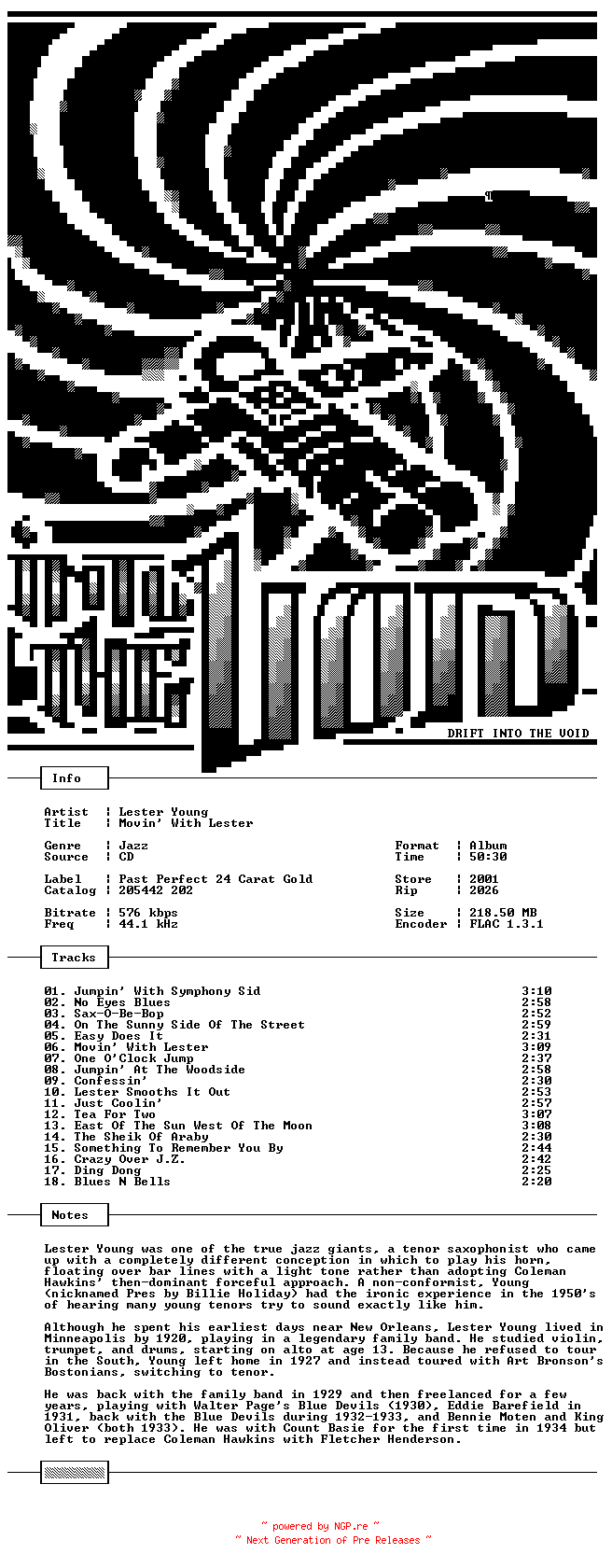 NFO for the release Lester_Young-Movin_With_Lester-CD-FLAC-2001-THEVOiD by THEVOiD