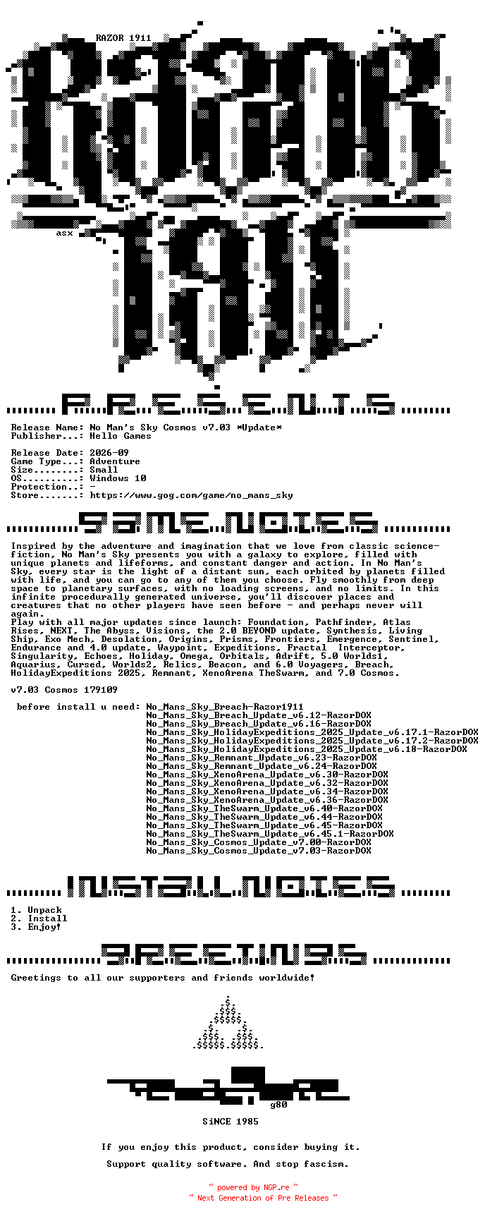 NFO for the release No_Mans_Sky_Cosmos_Update_v7.03-RazorDOX by RazorDOX