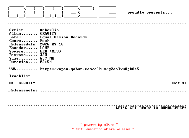 NFO for the release Anberlin-Gravity-SINGLE-(WEB)-2026-RUMBLE by RUMBLE