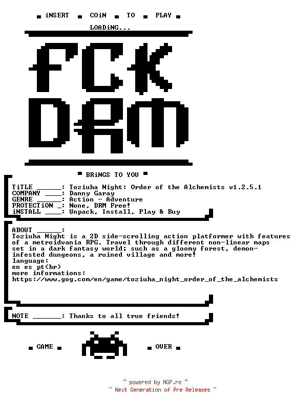 NFO for the release Toziuha.Night.Order.of.the.Alchemists.v1.2.5.1-FCKDRM by FCKDRM