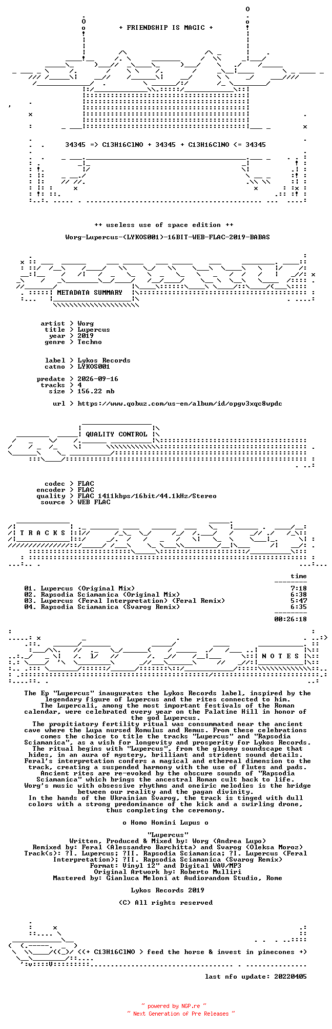 NFO for the release Worg-Lupercus-(LYKOS001)-16BIT-WEB-FLAC-2019-BABAS by BABAS