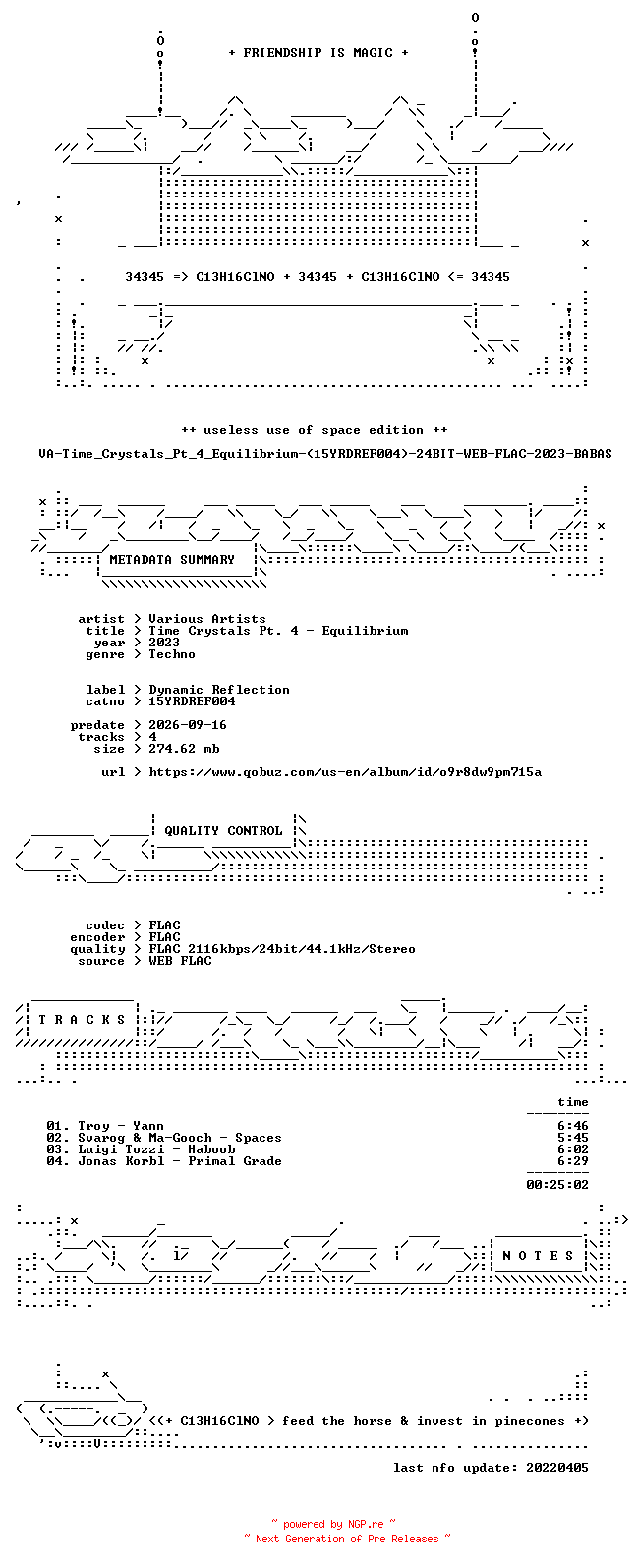 NFO for the release VA-Time_Crystals_Pt_4_Equilibrium-(15YRDREF004)-24BIT-WEB-FLAC-2023-BABAS by BABAS