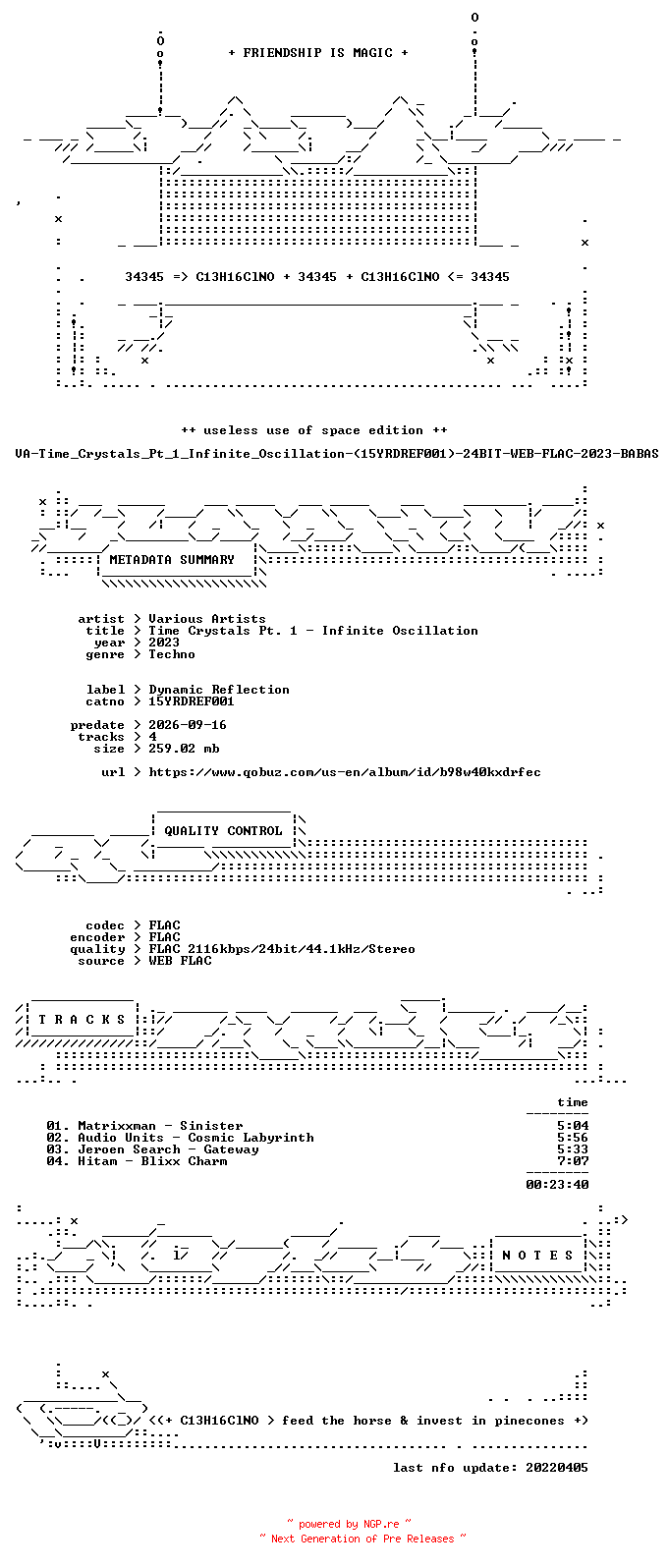 NFO for the release VA-Time_Crystals_Pt_1_Infinite_Oscillation-(15YRDREF001)-24BIT-WEB-FLAC-2023-BABAS by BABAS