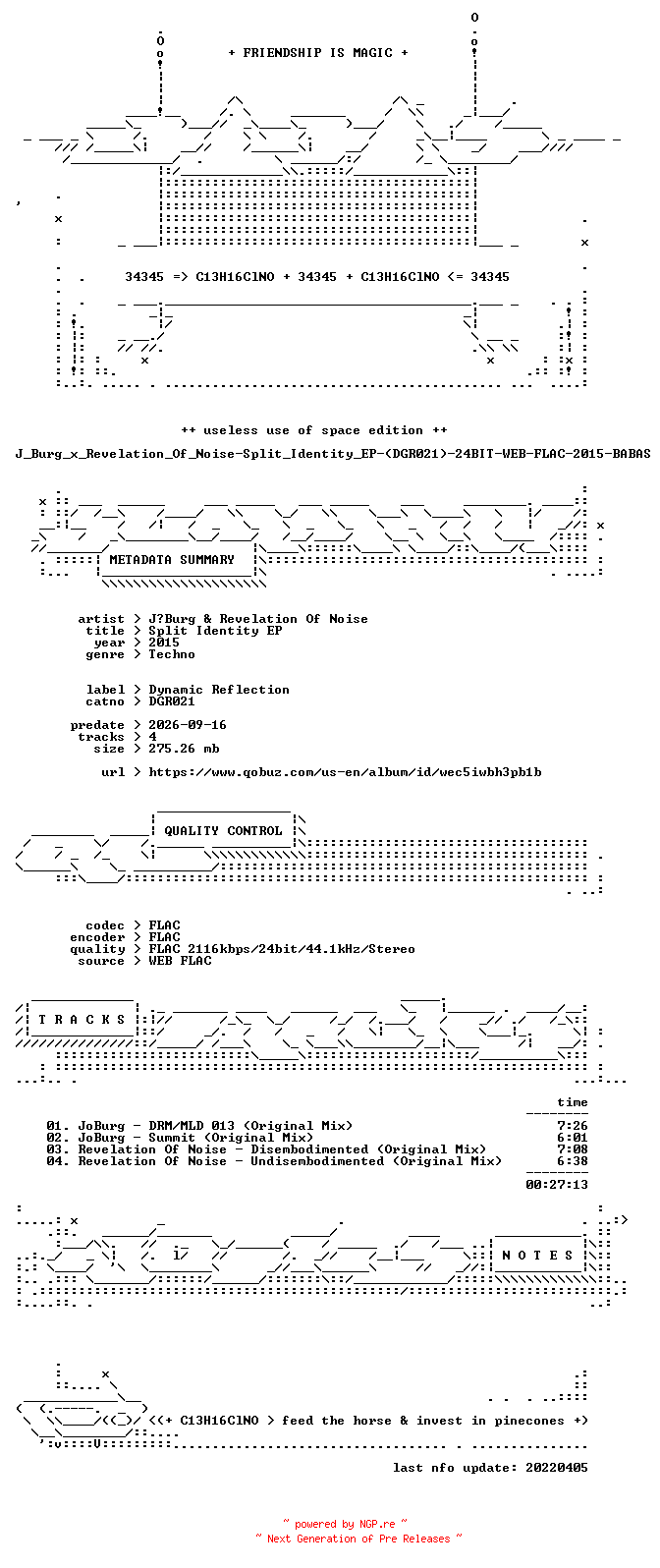 NFO for the release J_Burg_x_Revelation_Of_Noise-Split_Identity_EP-(DGR021)-24BIT-WEB-FLAC-2015-BABAS by BABAS
