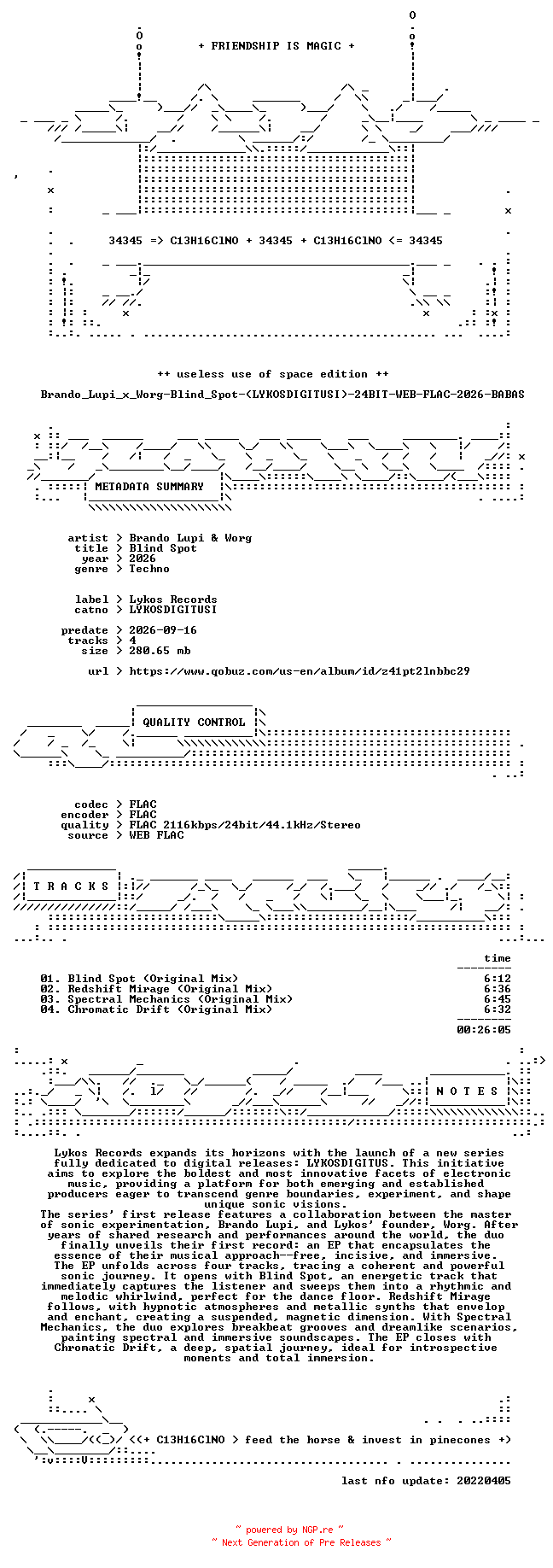 NFO for the release Brando_Lupi_x_Worg-Blind_Spot-(LYKOSDIGITUSI)-24BIT-WEB-FLAC-2026-BABAS by BABAS