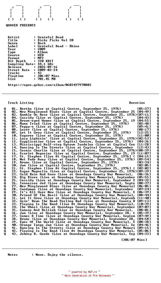 NFO for the release Grateful_Dead-Dicks_Picks_Vol_20-WEB-2009-QUAVER_iNT by QUAVER_iNT