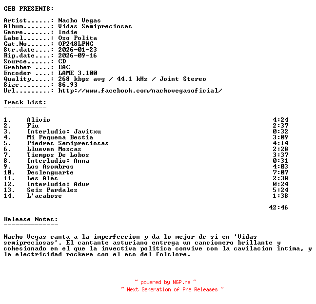 NFO for the release Nacho_Vegas-Vidas_Semipreciosas-(OP248LPNC)-ES-CD-2026-CEB by CEB