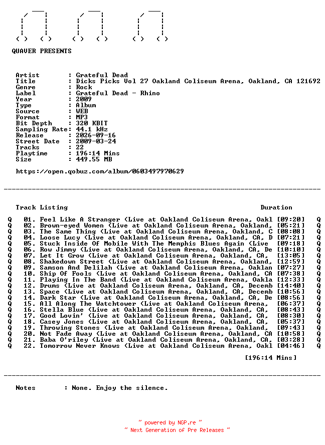 NFO for the release Grateful_Dead-Dicks_Picks_Vol_27_Oakland_Coliseum_Arena_Oakland_CA_121692-WEB-2009-QUAVER by QUAVER