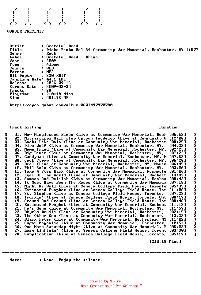 NFO for the release Grateful_Dead-Dicks_Picks_Vol_34_Community_War_Memorial_Rochester_NY_11577-WEB-2009-QUAVER by QUAVER