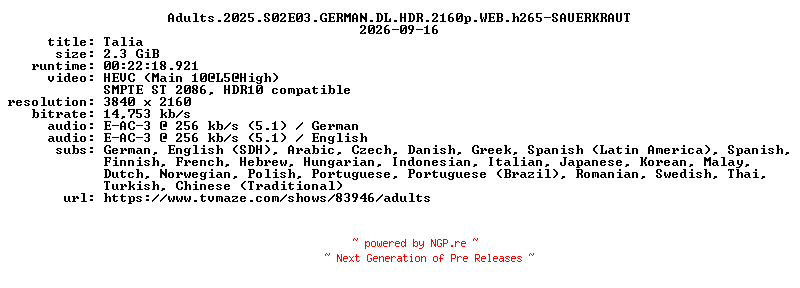 NFO for the release Adults.2025.S02E03.GERMAN.DL.HDR.2160p.WEB.h265-SAUERKRAUT by SAUERKRAUT
