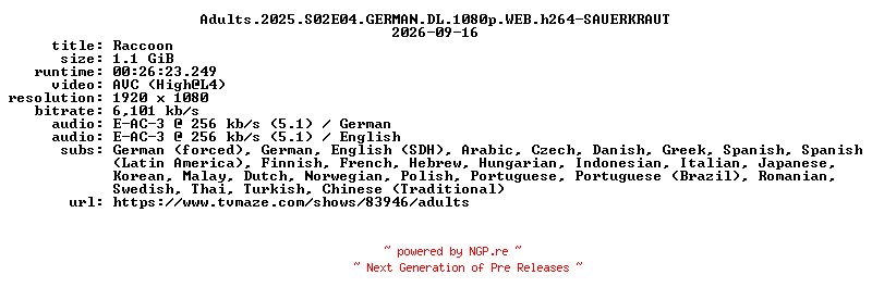 NFO for the release Adults.2025.S02E04.GERMAN.DL.1080p.WEB.h264-SAUERKRAUT by SAUERKRAUT